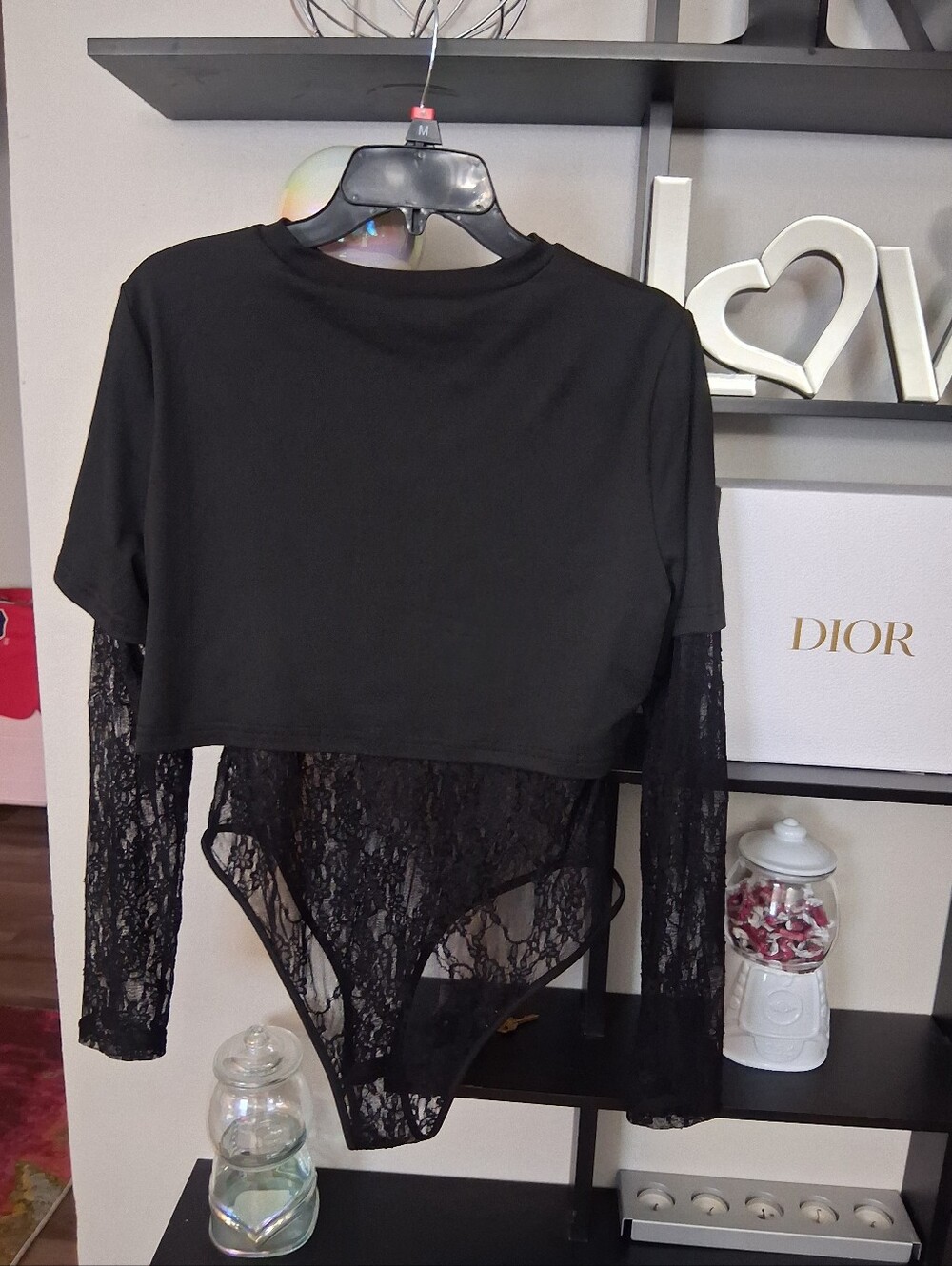 Black Lace Bodysuit with Cropped Overlay - Women Tops. NWOT